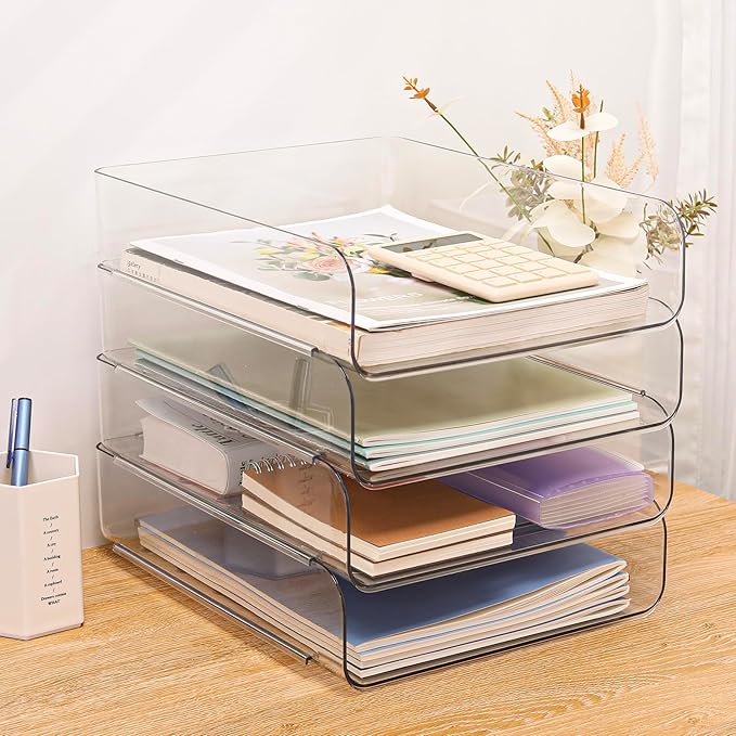 Set of 4 Office Organization and Storage, Clear PET Letter Tray Desk Organizer, Stackable Document and File Paper Organizer for Office Supplies-DeskLoop Office