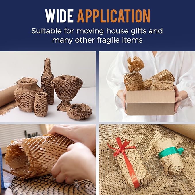 Honeycomb Packing Paper 15" x 200ft with Rope & 20 Fragile Stickers|Shipping & Moving Supplies|Small Business Packaging Supplies|Eco Friendly Bubble Wrap Packing Boxes for Moving Certified FSC C204227-DeskLoop Office