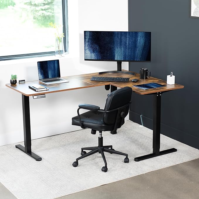 VIVO Electric Corner L-Shaped 63 x 47 in Rustic Standing Desk, Memory Height Adjustment, Vintage Brown Top Black Frame, DESK-E3CTN-47-DeskLoop Office