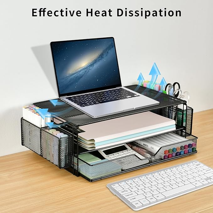 AUPSEN 2 Tier Computer Monitor Stands with Drawer and 2 Pencil Holder, Metal Monitor Stand Monitor riser, Computer Desk Organizer and Accessories for Laptop, Computer, Printer, Office Supplies(Black)-DeskLoop Office