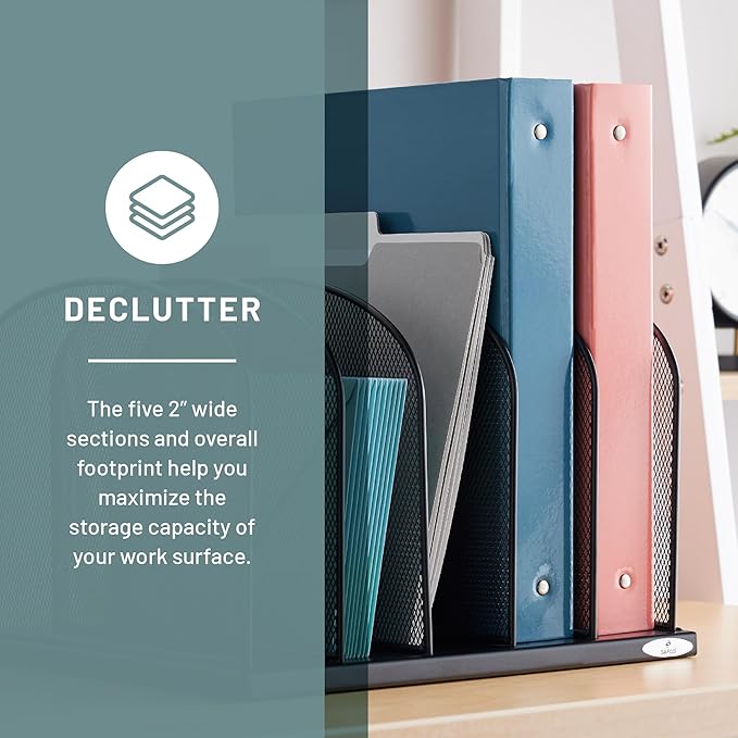 Safco Onyx Desk Organizer, 5 Tiered Vertical Compartments, Office and Classroom Mailbox , Paper and Mail Sorter, Steel Mesh, Black-DeskLoop Office