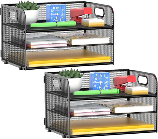 3-Tier Paper Letter Organizer Tray with Handle, Mesh Desk File Organizer for Office, Home, School - 2 Pack, Black-DeskLoop Office