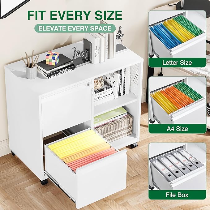 Metal File Cabinet,Lockable Lateral Filing Cabinet for Letter/A4 Size Files,Rolling Printer Stand with Adjustable Shelf & Lockable Wheelss for Home Office(White)-DeskLoop Office