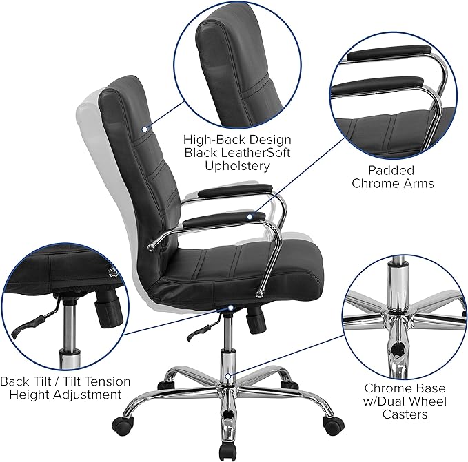 Flash Furniture Whitney High-Back Swivel LeatherSoft Desk Chair with Padded Seat and Armrests, Adjustable Height Padded Office Chair, Black/Chrome-DeskLoop Office