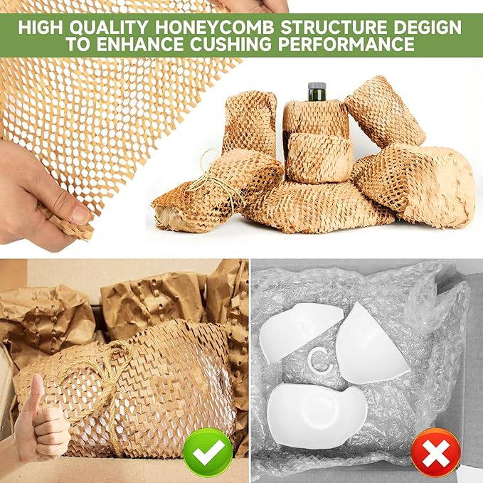 Honeycomb Packing Paper Wrap 15''x820', Substitute Alternative for Bubble Cushioning Wrap for Moving Shipping Packaging, Recyclable Moving Supplies with 48 Fragile Sticker Labels-DeskLoop Office