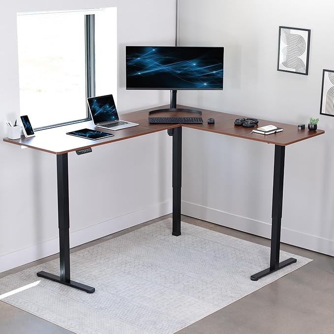 VIVO Electric Corner L-Shaped 75 x 63 in Standing Desk, Memory Height Adjustment, Dark Walnut Top Black Frame, DESK-E3CTD-75-DeskLoop Office