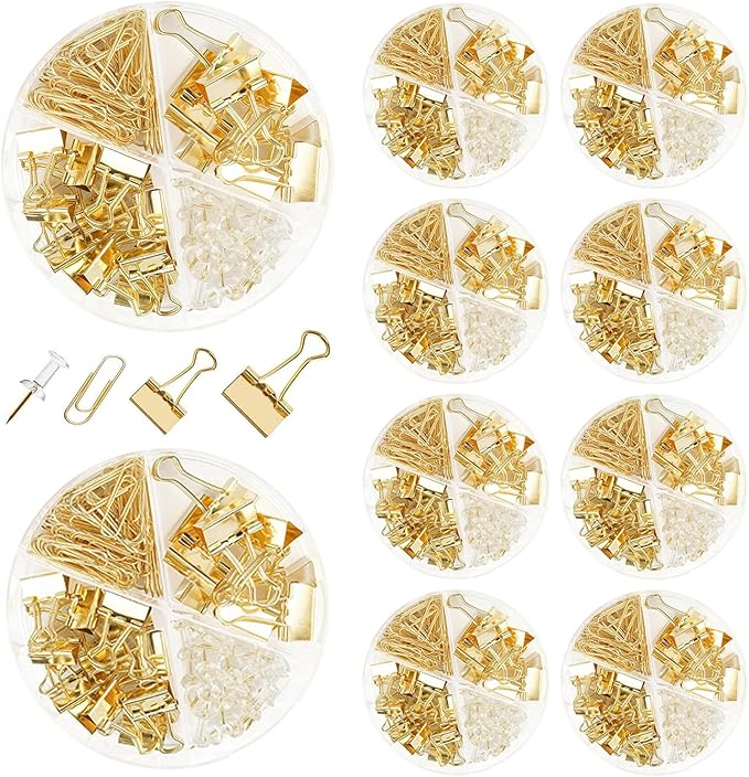 10 Pack, Gold Paper Clips and Binder Clips Set, Metal Assorted Sized Binders with Push Pins, Cute Gold Office Supplies for Desk, Desk Accessories-DeskLoop Office