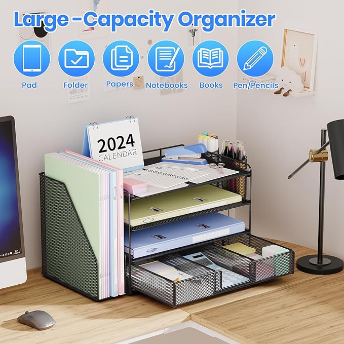 Desk Organizer and Accessories, 4-Tier Desktop File Organizer with Drawer and 2 Pen Holders, Office Desk Accessories for Office Supplies(Black)-DeskLoop Office