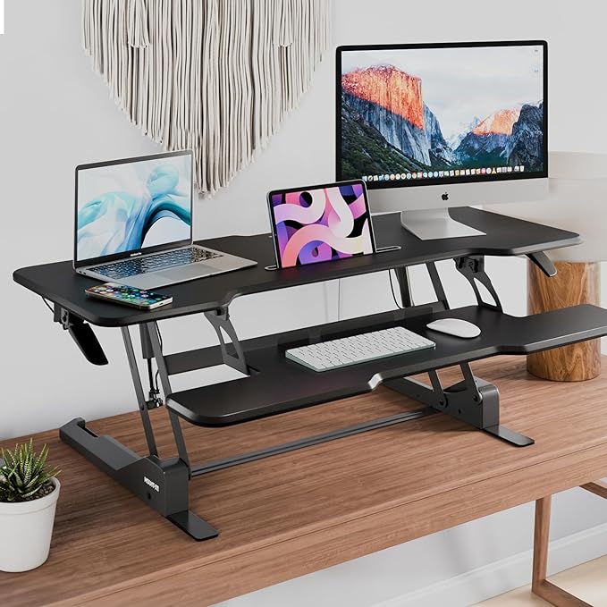 Mount-It! 47" Standing Desk Converter, Large Wide Tabletop Height Adjustable Desk Riser with Gas Spring, Desktop Sit Stand Up Desk with Keyboard Tray Fits 2 Monitors or Monitor and Laptop, Black-DeskLoop Office