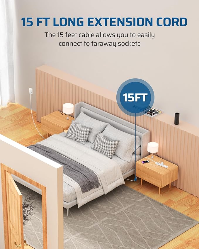 DEWENWILS 6-Outlet Power Strip Surge Protector, 15FT Long Extension Cord, Low Profile Flat Plug, 15 Amp Circuit Breaker, 500 Joules, Wall Mount, White, UL Listed-DeskLoop Office