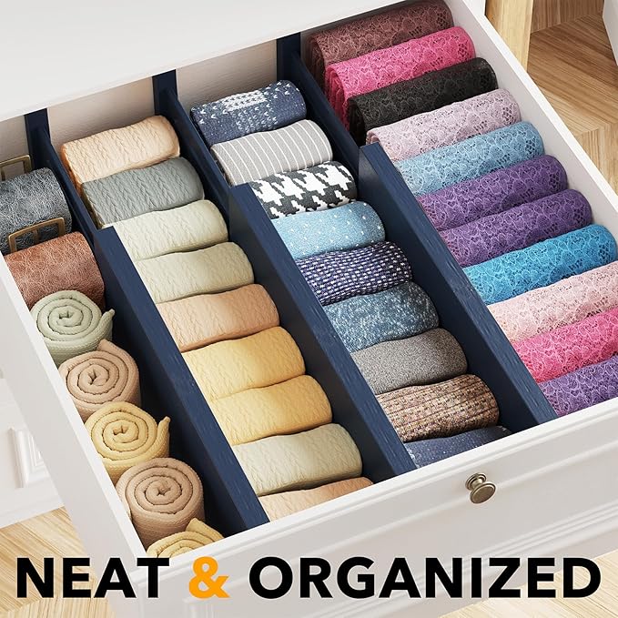 SpaceAid Bamboo Dresser Drawer Dividers 6 Pack, 4.65“ High Adjustable 12.5“-17” Drawer Organizers, Expandable Organization for Clothing, Clothes, Dressers, Navy Blue-DeskLoop Office