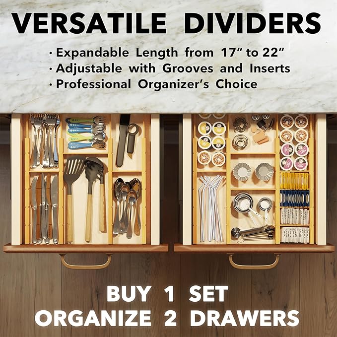 SpaceAid Bamboo Drawer Dividers with Inserts and Labels, Kitchen Adjustable Drawer Organizers, Expandable Organization for Home, Office, Dressers, 10 Dividers with 24 Inserts (17"-22" Natural)-DeskLoop Office