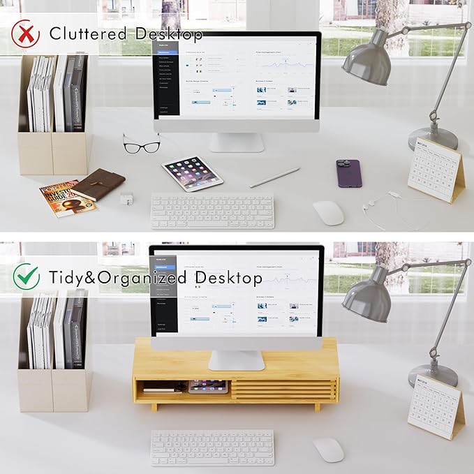 Zri Bamboo Computer Monitor Stand with Drawer, Dual Laptop Stand for Desk,Single Monitor Riser with Storage,Wood Office Desk Organizer & Accessories-DeskLoop Office