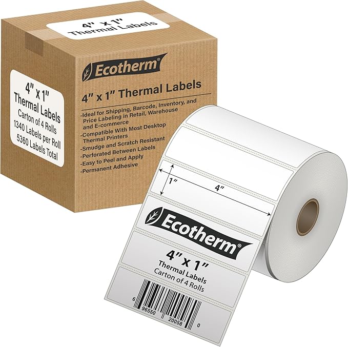 4" x 1" Thermal Labels | 4 Rolls | 5360 Labels | fits Zebra, Munbyn, Rollo, Godex, Arkscan, iDPRT, Offnova Thermal Label Printers and More | Blank White Adhesive Stickers by Ecotherm-DeskLoop Office