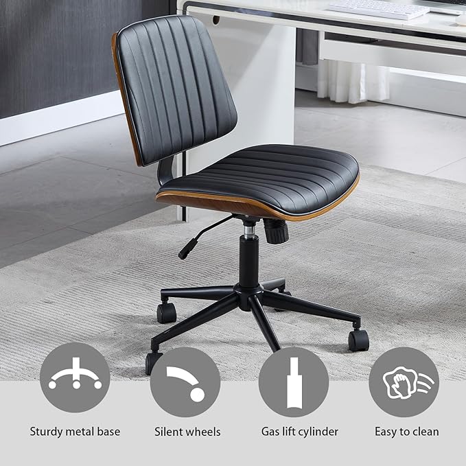 Small Home Office Chair - Armless Mid Back Desk Chair with 360° Swivel and Wheels, PU Upholstered Height Adjustable Modern Walnut Computer Chair for Home, Office Meeting Room - White-DeskLoop Office