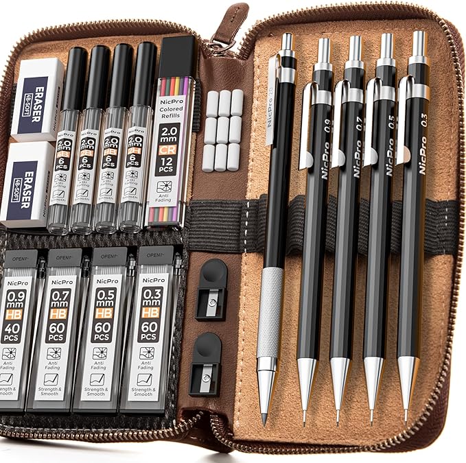 Nicpro 20PCS Black Metal Mechanical Pencil Set in Leather Case, 0.3, 0.5, 0.7, 0.9 mm & 2mm Lead Pencil Holders, (4B 2B HB 2H) Lead Refills (Black & Colors), Erasers For Art Drafting Sketching Drawing-DeskLoop Office