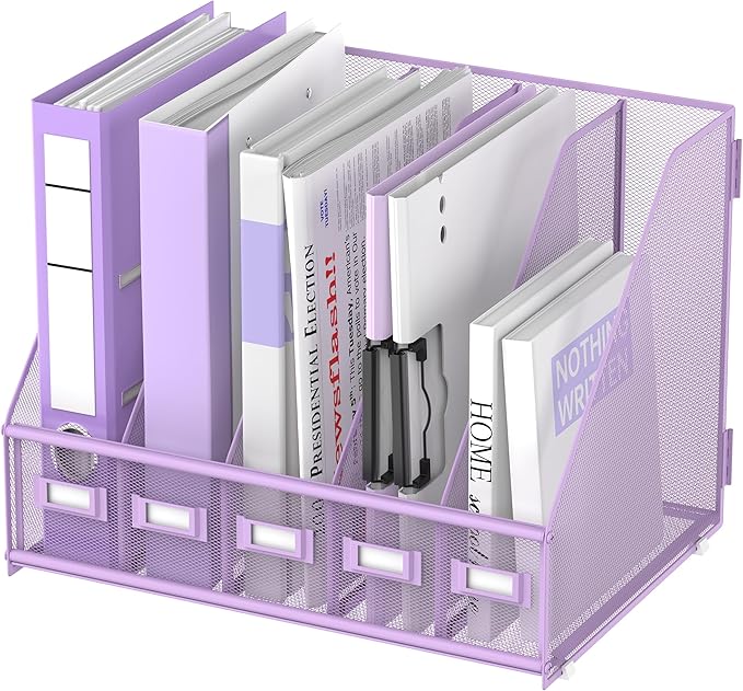SUPEASY Desk Organizers Metal Desk Magazine File Holder with 5 Vertical Compartments Rack File Organizer for Office Desktop, Home Workspace, Purple Plus-DeskLoop Office