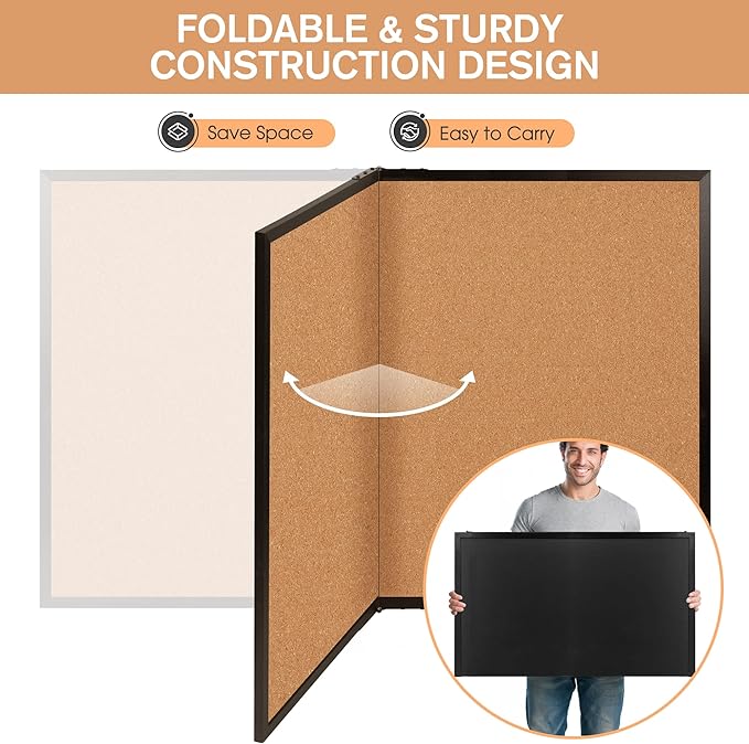 Board2by Cork Board Bulletin Board 36 x 48, Black Wood Framed 4x3 Corkboard, Foldable Office Board for Wall Decor, Large Wall Mounted Notice Pin Board with 36 Push Pins for School, Home & Office-DeskLoop Office