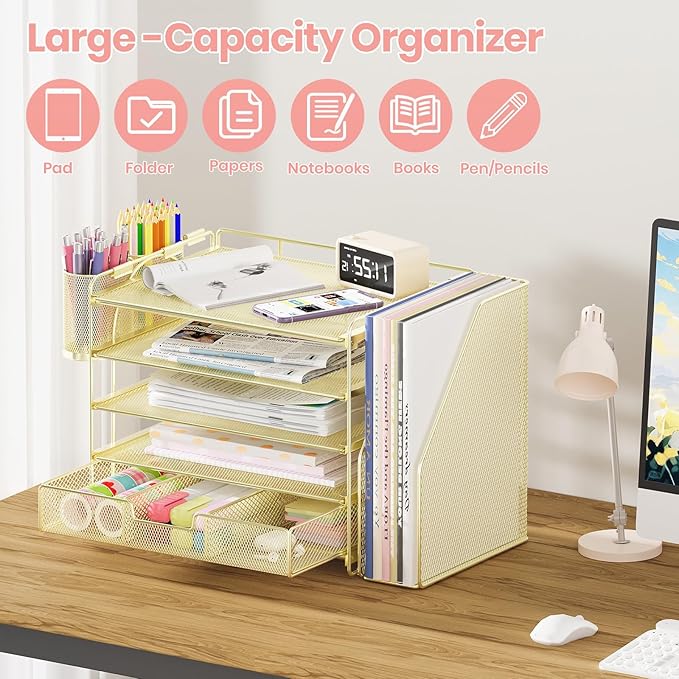 Desk Organizers and Accessories, 5-Tier Paper File Organizer with Drawer & Pen Holder, Office Desk Accessories Workspace Desktop Organizer for Office Supplies(Gold)-DeskLoop Office