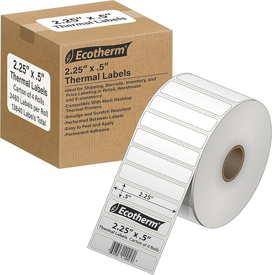 2.25" x .5" Thermal Labels | 4 Rolls | 13840 Labels | fits Zebra, Munbyn, Rollo, Godex, Arkscan, iDPRT, Offnova Thermal Label Printers and More | Blank White Adhesive Stickers by Ecotherm-DeskLoop Office