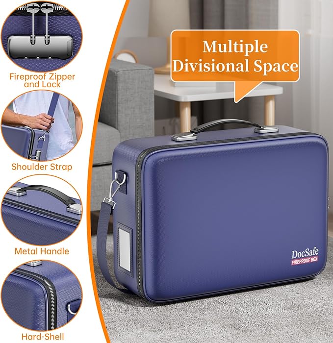 DocSafe Fireproof Document Box with Lock, Hard Case File Organizer with Accordion File Folder, Fireproof Water Resistant Safe Box Home Office Travel Storage for Important Documents Laptop Blue-DeskLoop Office