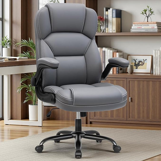 PU Leather Executive Office Chair, Ergonomic High-Back Computer & Gaming Chair with Adjustable Height, Rolling Swivel & Flip-Up Armrests, Comfy Padded Seat for Home Office-Gray-DeskLoop Office