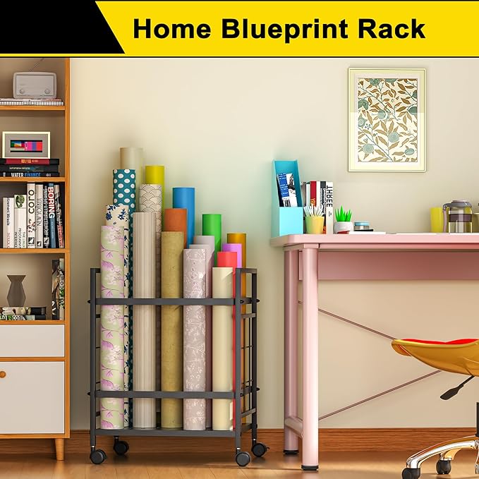 Blueprint Storage Rack, Blueprint Holder with Wheels, Used for Storing Blueprint/Carpet/Map/Poster/Architectural Construction Plan, 20 Slots(3.2" x 3.2"), Silent wheel for Home, Office, School(Black)-DeskLoop Office