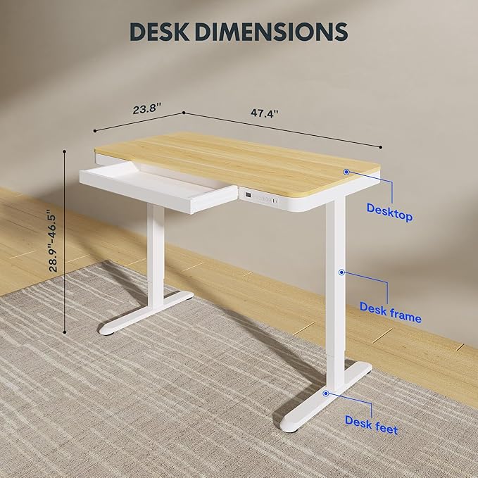 FLEXISPOT Comhar Electric Standing Desk with Drawers Charging USB Port, Height Adjustable 48" Whole-Piece Quick Install Home Office Computer Laptop Table with Storage (Maple Top + White Frame)-DeskLoop Office