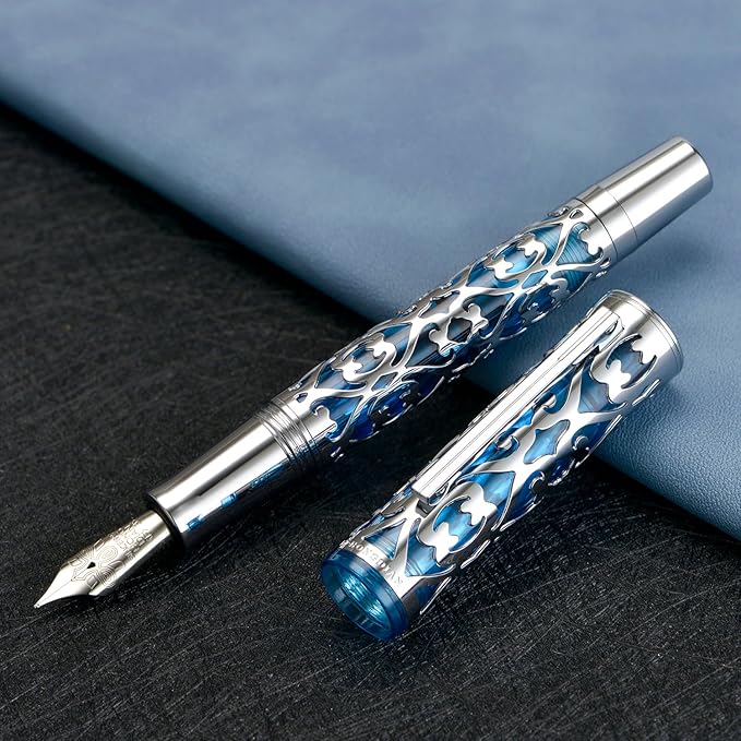 Hongdian D1 Piston Fountain Pen Fine Soft Nib, Silver Blue Hollow Skeleton & Resin Pen with Metal Case Set-DeskLoop Office