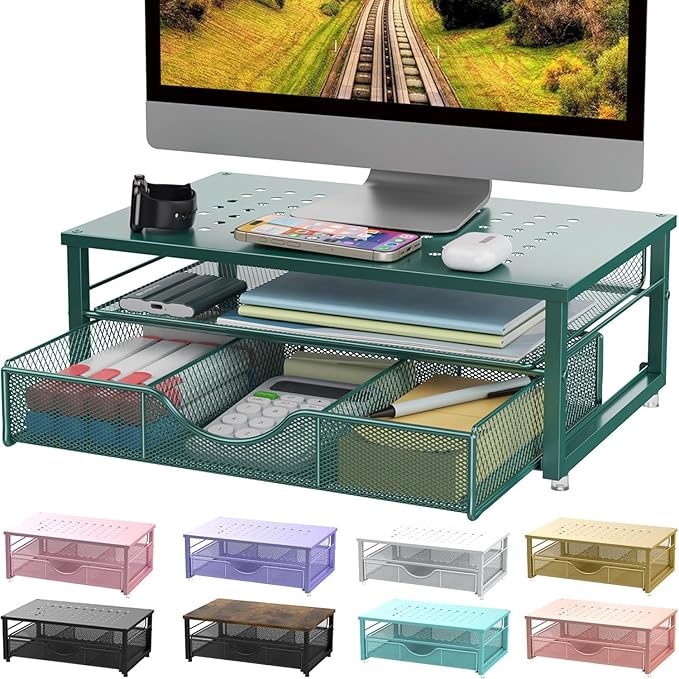 gianotter Computer Monitor Stand Riser, office organizer with Drawer, Office Organizers Storage for Classroom Office Supplies (Dark Green)-DeskLoop Office