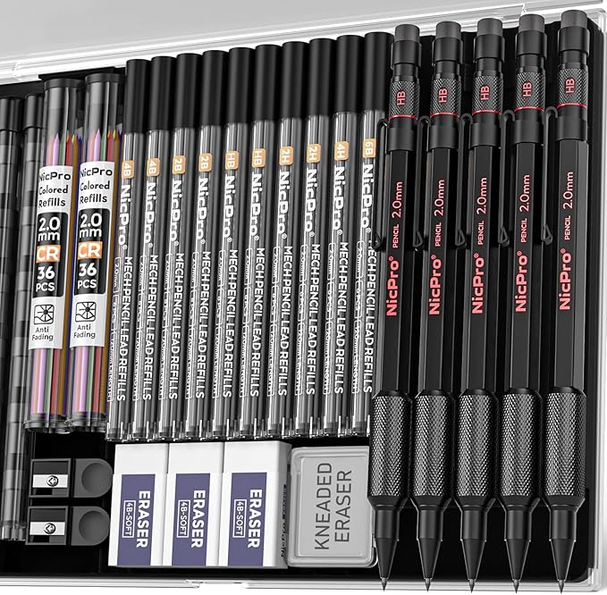 Nicpro 5 Pack 2mm Mechanical Pencils Set with Case, 65 Graphite Lead Refills (6B 4B 2B HB 2H 4H), 72 Colored Lead, Erasers -Weatherproof Metal Barrel, Heavy Duty Carpenter Pencil For Drawing Sketching-DeskLoop Office
