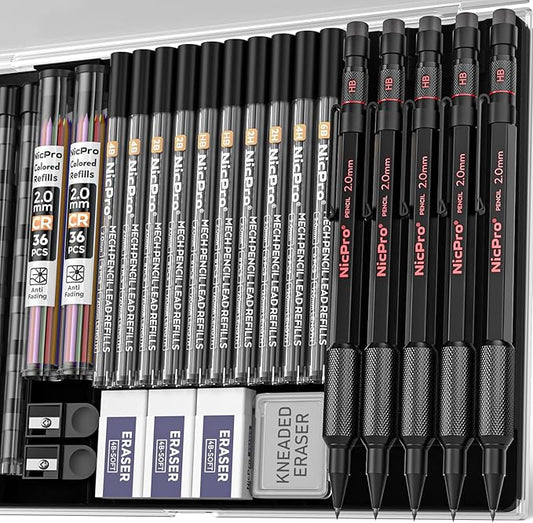 Nicpro 5 Pack 2mm Mechanical Pencils Set with Case, 65 Graphite Lead Refills (6B 4B 2B HB 2H 4H), 72 Colored Lead, Erasers -Weatherproof Metal Barrel, Heavy Duty Carpenter Pencil For Drawing Sketching-DeskLoop Office