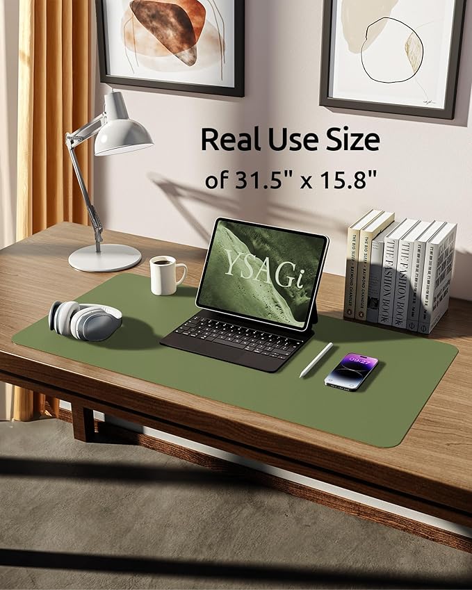 YSAGi Leather Desk Protector, Office Mat, Large Mouse Pad, Non-Slip PU Leather Blotter, Laptop Desk, Waterproof Writing Pad for Office and Home (Green, 31.5" x 15.8")-DeskLoop Office