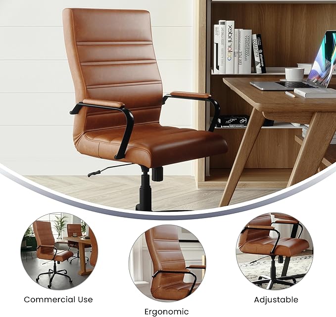 Flash Furniture Whitney High-Back Swivel LeatherSoft Desk Chair with Padded Seat and Armrests, Adjustable Height Padded LeatherSoft Office Chair, Brown/Black Gold-DeskLoop Office