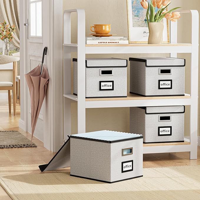 Huolewa Decorative File Storage Organizer Box with Lid, Portable Collapsible Linen Hanging Filing & Storage Boxes for Office/Decor/Home (White) - 14.9 x 12.7 x 10.8 inch - 1Pack-DeskLoop Office