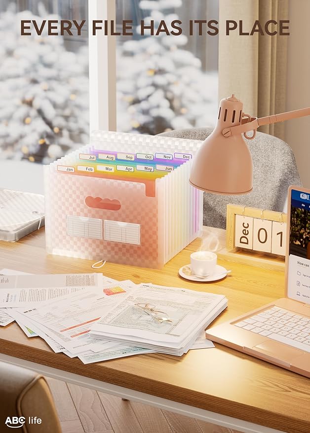 ABC life 12 Pockets Accordion File Organizer Expanding File Folders, Portable Monthly Bill Receipt Document Organizer, Expandable Accordian Filing Folder Letter A4 Size, Colored Tabs (Pink)-DeskLoop Office