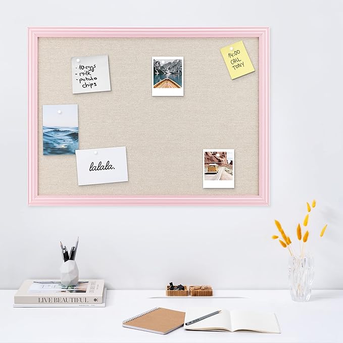 Navaris Framed Linen Bulletin Board - 17 x 23 inches Fabric Jewelry Organizer Pinboard for Wall Memory Memo Pin Board - Natural Linen with Pink Frame-DeskLoop Office