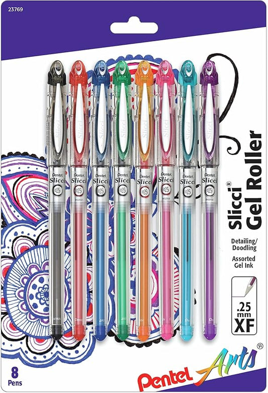 Pentel Arts Slicci 0.25 mm Extra Fine Gel Pen, Assorted Ink, 8 Pack (BG202BP8M)-DeskLoop Office