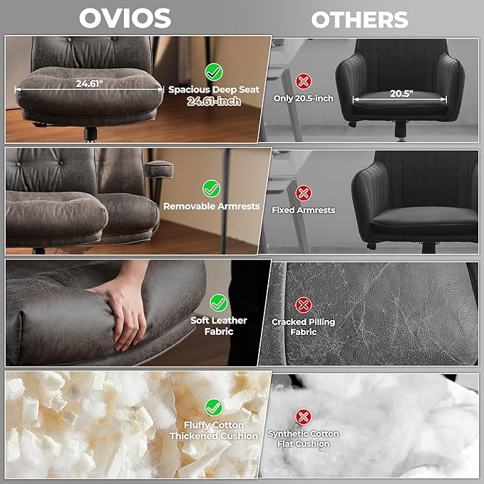 ovios Home Office Chair, Mid-Century Modern Faux PU Leather Chairs with Lumbar Support Comfy Thick Cushion, High Back Ergonomic Swivel Rolling Executive Armchair (Dark Grey, Suede Leather)-DeskLoop Office