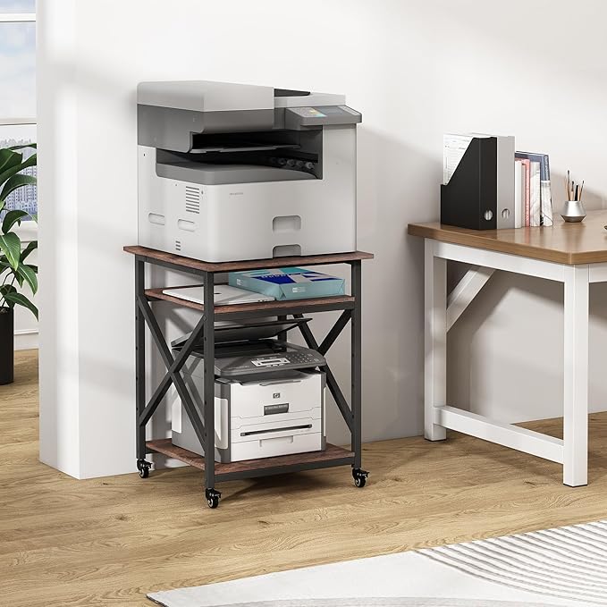 23.6 x 23.6 Inches Large Printer Stand, 3 Tier Square Printer Table with Height Adjustable Storage Shelf, Rolling Printer Cart with Industrial Wheels for Home Office - Rustic Brown-DeskLoop Office