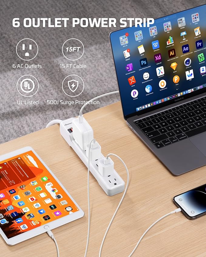 DEWENWILS 6-Outlet Power Strip Surge Protector, 15FT Long Extension Cord, Low Profile Flat Plug, 15 Amp Circuit Breaker, 500 Joules, Wall Mount, White, UL Listed-DeskLoop Office