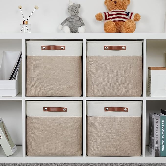 DULLEMELO Fabric Storage Cubes,13 inch Cube Stroage Bins for Empty Gift Basket,Toy Nursery Storage Linen Closet Organizers and Storage Baskets Shelves Bins(White&Khaki)-DeskLoop Office