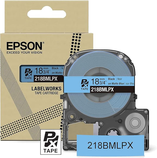 Epson LABELWORKS 218BMLPX Genuine PET (Polyester) Tape Cartridge - Black on Matte Blue Designer Craft Label Maker Tape - 3/4" (18MM) Wide, 26'-DeskLoop Office