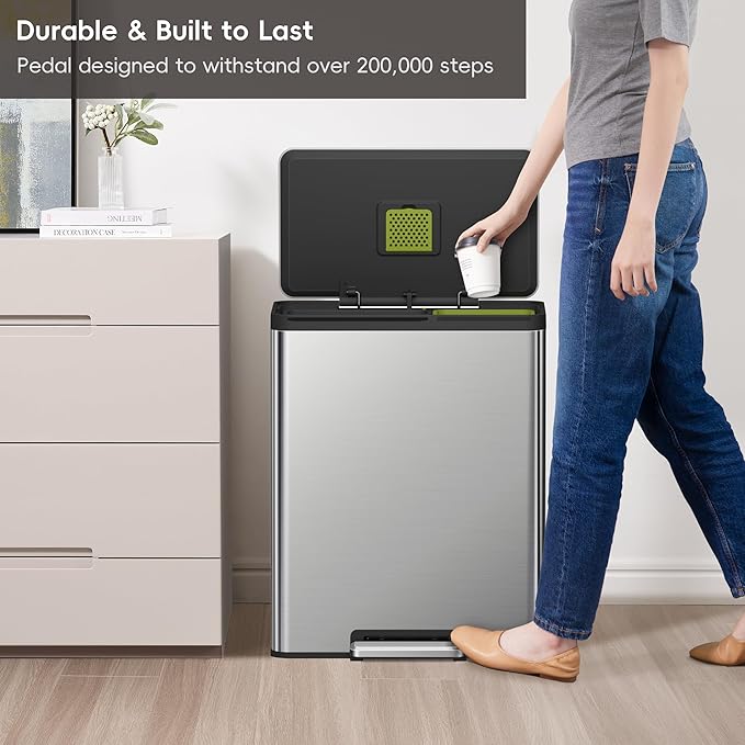 EKO EcoCasa II 36L+24L Dual Trash Can with Recycle Bin, Stainless Steel Garbage Can with Lid, Deodorizer Compartment, Odor-Proof and Fingerprint Resistant-DeskLoop Office