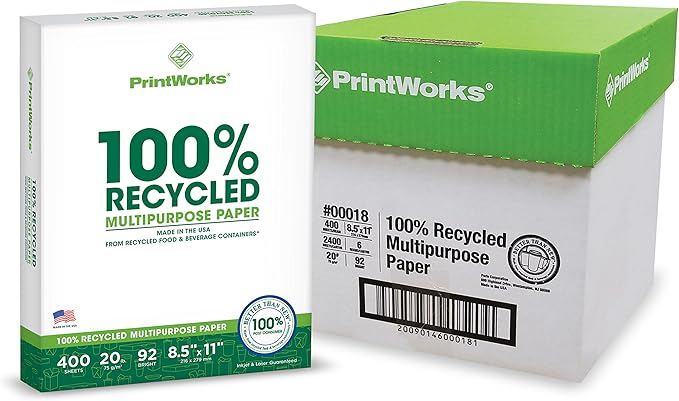 PrintWorks 100% Recycled Printer Paper 8.5" x 11" White - 20 lb Copy & Multipurpose Computer Paper - 2400 Sheets/Carton, 80 Cartons/Pallet, 192,000 Sheets - Made in the USA - 92 Bright (00018PAL)-DeskLoop Office
