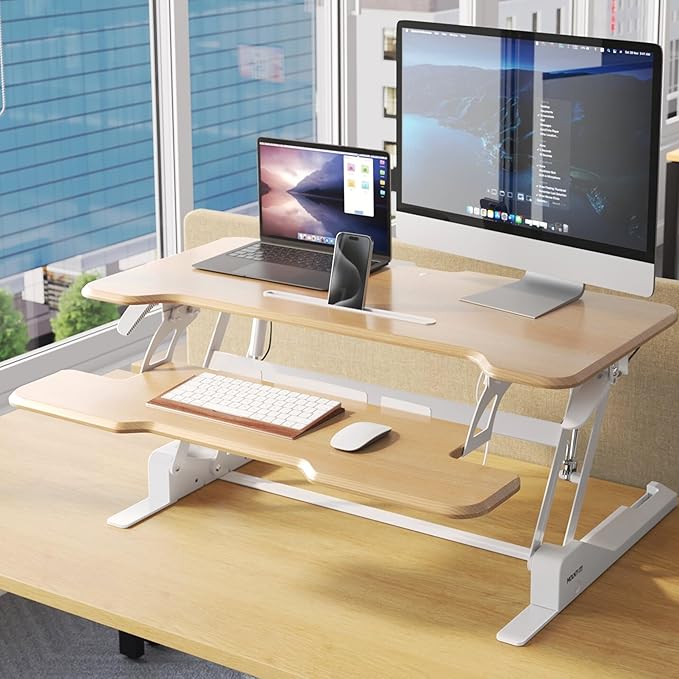 Mount-It! Height Adjustable Standing Desk Converter, 38” Wide, Desk Riser for 2 Monitors, Manual Gas Spring Sit Stand Desktop Raises to 16.9", Fits Two Monitor Screens with Keyboard Mouse Tray Maple-DeskLoop Office