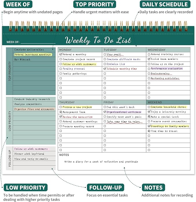 Weekly To Do List Notepad, 52 Undated Sheets (8.5"×11") Duplex-printed Weekly Planner Notepad For Work Home School Office Desk Accessories Supplies & Goal Setting Tasks - Green-DeskLoop Office