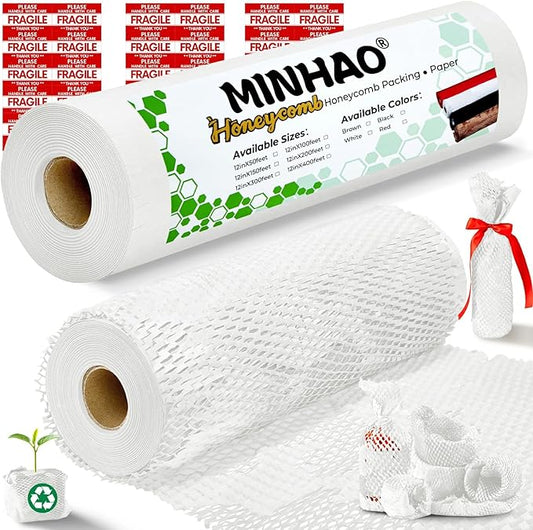 Honeycomb Packing Paper, 12"x150' White | Perforated Honeycomb Packing Paper Recyclable Moving Supplies for Shipping & Moving | Plastic-Free Alternative to Bubble Cushion Wrap with 36 Fragile Stickers-DeskLoop Office