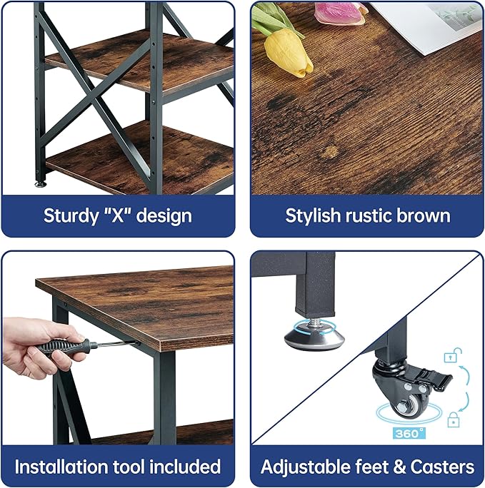 23.6 x 23.6 Inches Large Printer Stand, 3 Tier Square Printer Table with Height Adjustable Storage Shelf, Rolling Printer Cart with Industrial Wheels for Home Office - Rustic Brown-DeskLoop Office