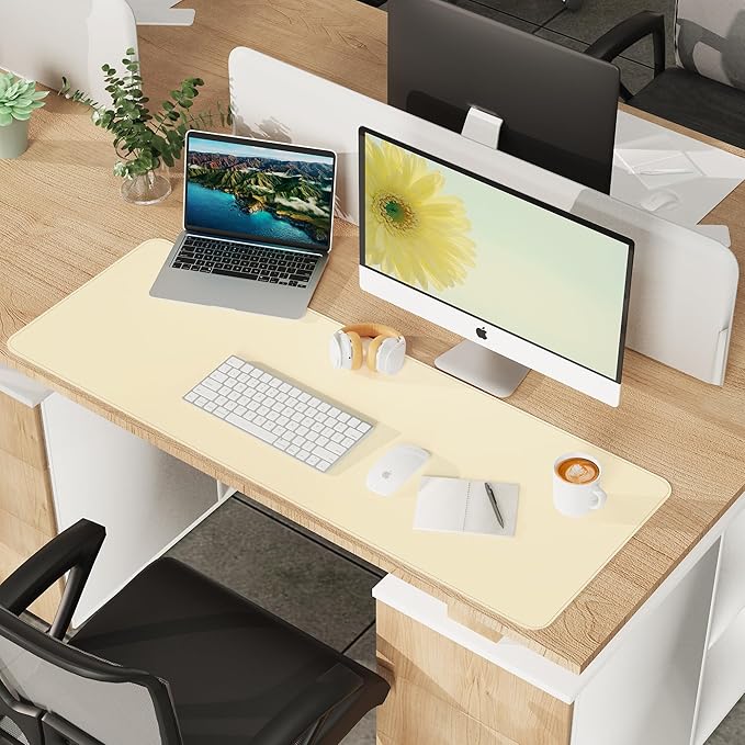 Leather Desk pad Protector, Large Desk mat with Natural Cork & PU Leather,Mouse pad,Non-Slip Office Desk Mat,Waterproof Desk Writing Pad for Office and Home (47in*23.7in, Apricot)